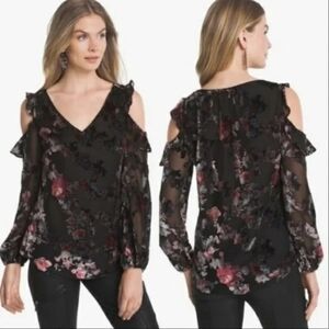 White House Black Market Black Floral Burnout Velvet Cold Shoulder‎ Top Blouse 6